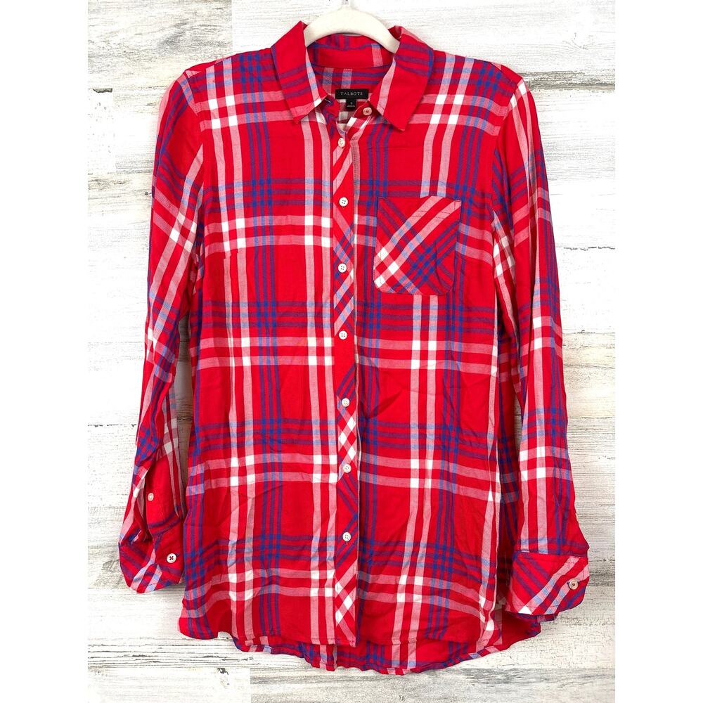 Talbots Womens S Red Multicolor Plaid Soft Button Up Shirt Long Sleeve NEW
